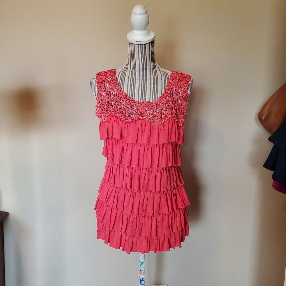 LaSeine Womens Large Coral Pink Crochet Lace Yoke Ruffle Tiered Sleeveless‎ Top